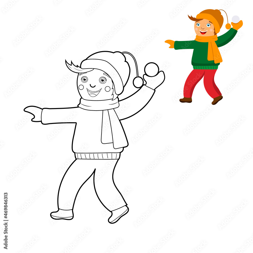 coloring book, cute cartoon kids playing snowballs. vector isolated on a white background