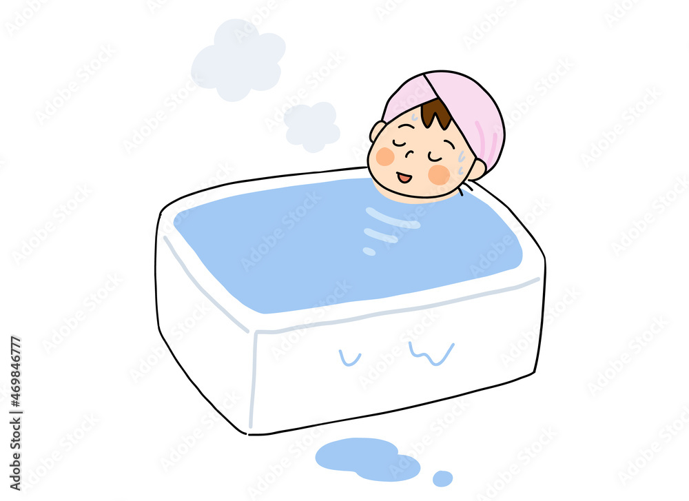Naklejka premium 温かいお風呂にゆっくり浸かってリラックスする女の子 