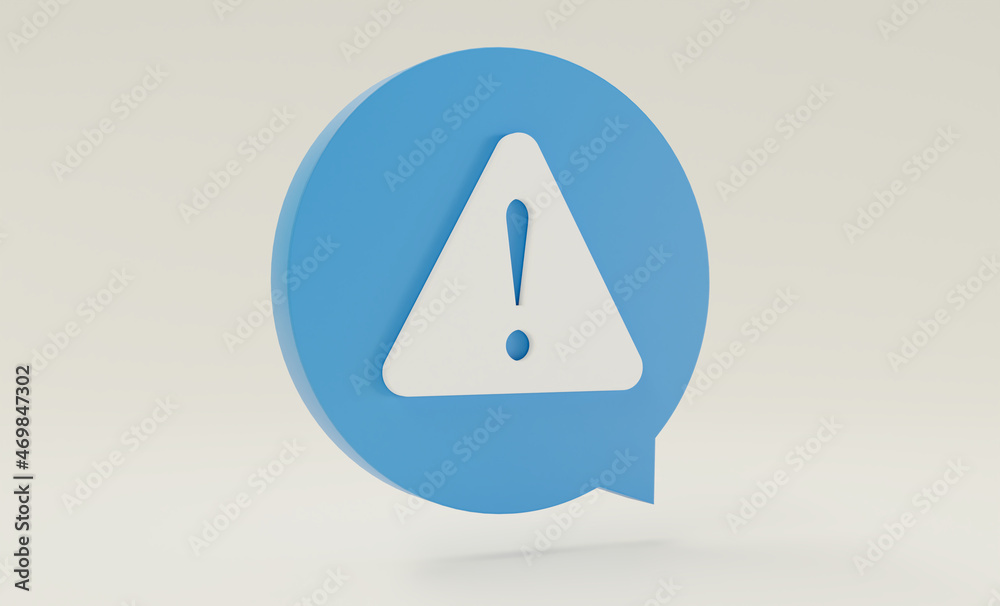 Triangular alert caution sign inside round chat bubble. 3D rendering illustration. Isolated. Triangular alert caution sign inside round chat bubble. 3D rendering illustration. Isolated.