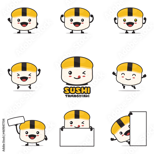 cute tamagoyaki sushi cartoon mascot illustration, with different facial expressions and poses