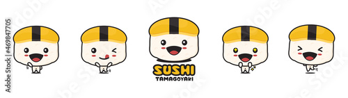 cute tamagoyaki sushi cartoon mascot illustration, with different facial expressions and poses