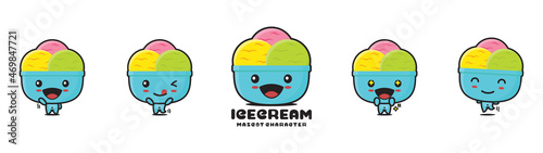 cute cartoon mascot illustration of ice cream in a bowl, with different facial expressions and poses