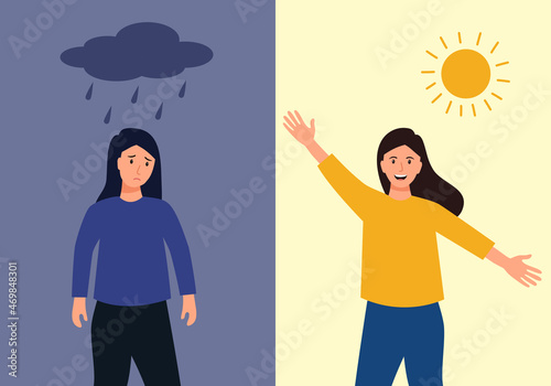 Woman in sad and happy mood in flat design. Positive and negative thinking. Mental health care concept. photo
