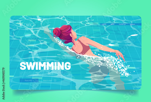 Banner of swimming with girl in pool top view. Vector landing page of water sport, fitness and active recreation in water with cartoon illustration of woman swims freestyle