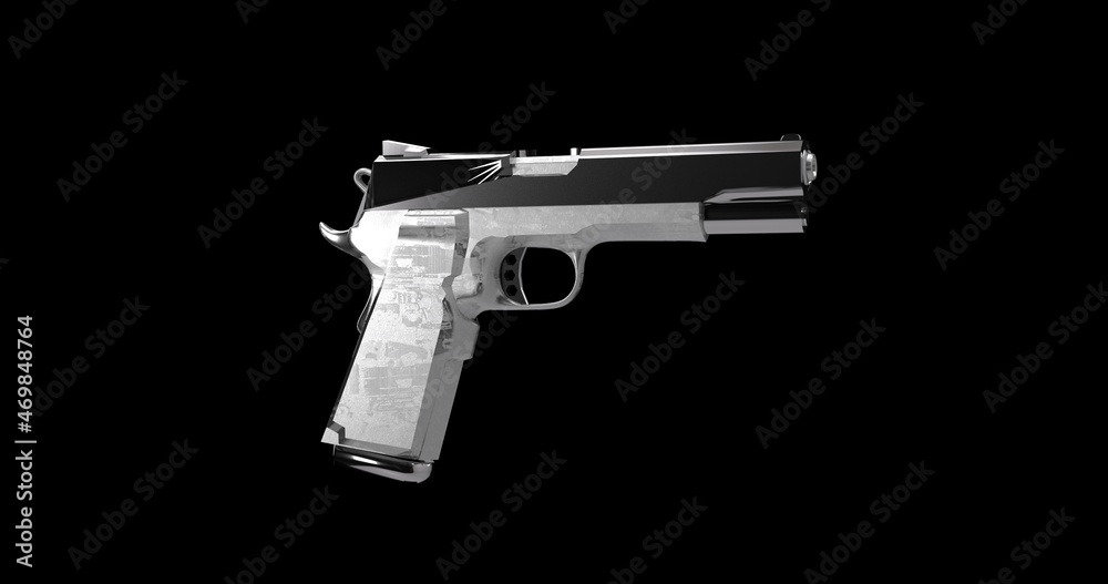 One-handed pistol on a colorfully lit background and reflections of lights..3D illustration of a firearm One-handed pistol on a colorfully lit background and reflections of lights..3D illustration of a firearm