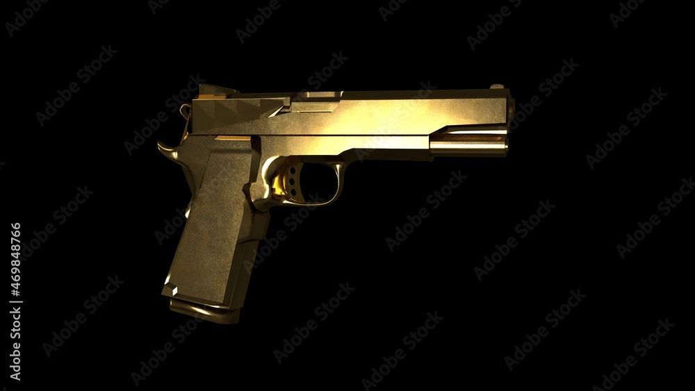 One-handed gold  pistol on a colorfully lit background and reflections of lights..3D illustration of a firearm