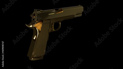 One-handed gold pistol on a colorfully lit background and reflections of lights..3D illustration of a firearm