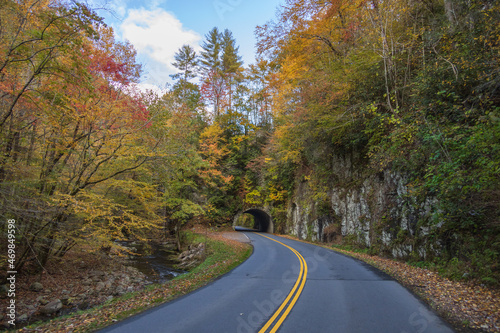 Tunnel in the Great Smoky Mountains National Park with fall foliage