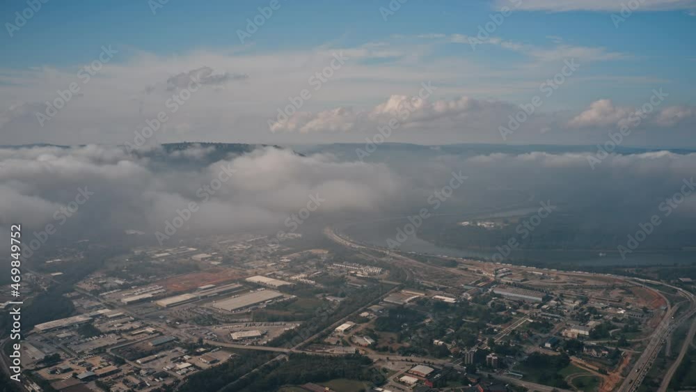 Aerial Hyperlapse of Lookout Mountain Moccasin Bend Cloudy Morning Boat in Tennessee River Aerial Hyperlapse of Lookout Mountain Moccasin Bend Cloudy Morning Boat in Tennessee River