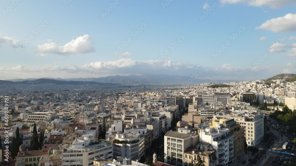 Aerial View of Central Urban Neighborhood of Athens, Greece, Downtown Skyline on Sunny Summer Day, Establishing Drone Shot Aerial View of Central Urban Neighborhood of Athens, Greece, Downtown Skyline on Sunny Summer Day, Establishing Drone Shot