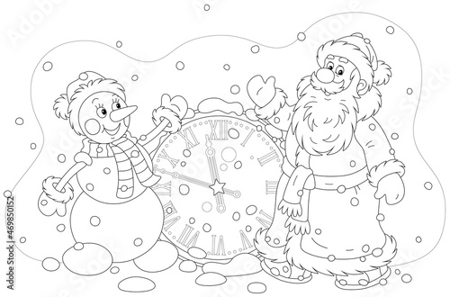 Santa Claus and a funny toy snowman with a large old clock on New Years eve  black and white vector cartoon for a coloring book page