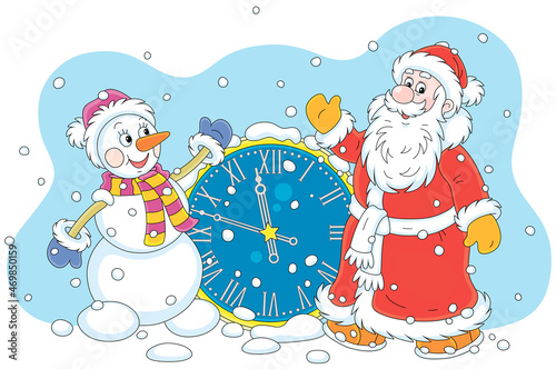 Santa Claus and a funny toy snowman with a large old clock on New Years eve, vector cartoon illustration isolated on a white background