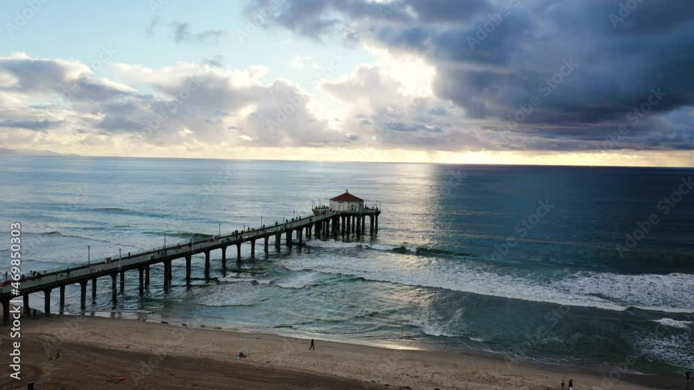 Drone shot flying over Manhattan Beach Pier on the West Coast of America Drone shot flying over Manhattan Beach Pier on the West Coast of America