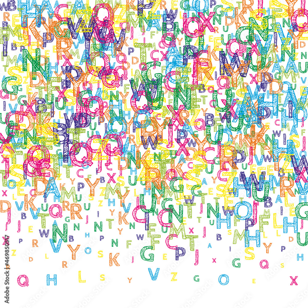 Falling letters of English language. Bright handdrawn flying words of Latin alphabet. Foreign languages study concept. Fresh back to school banner on white background. Falling letters of English language. Bright handdrawn flying words of Latin alphabet. Foreign languages study concept. Fresh back to school banner on white background.