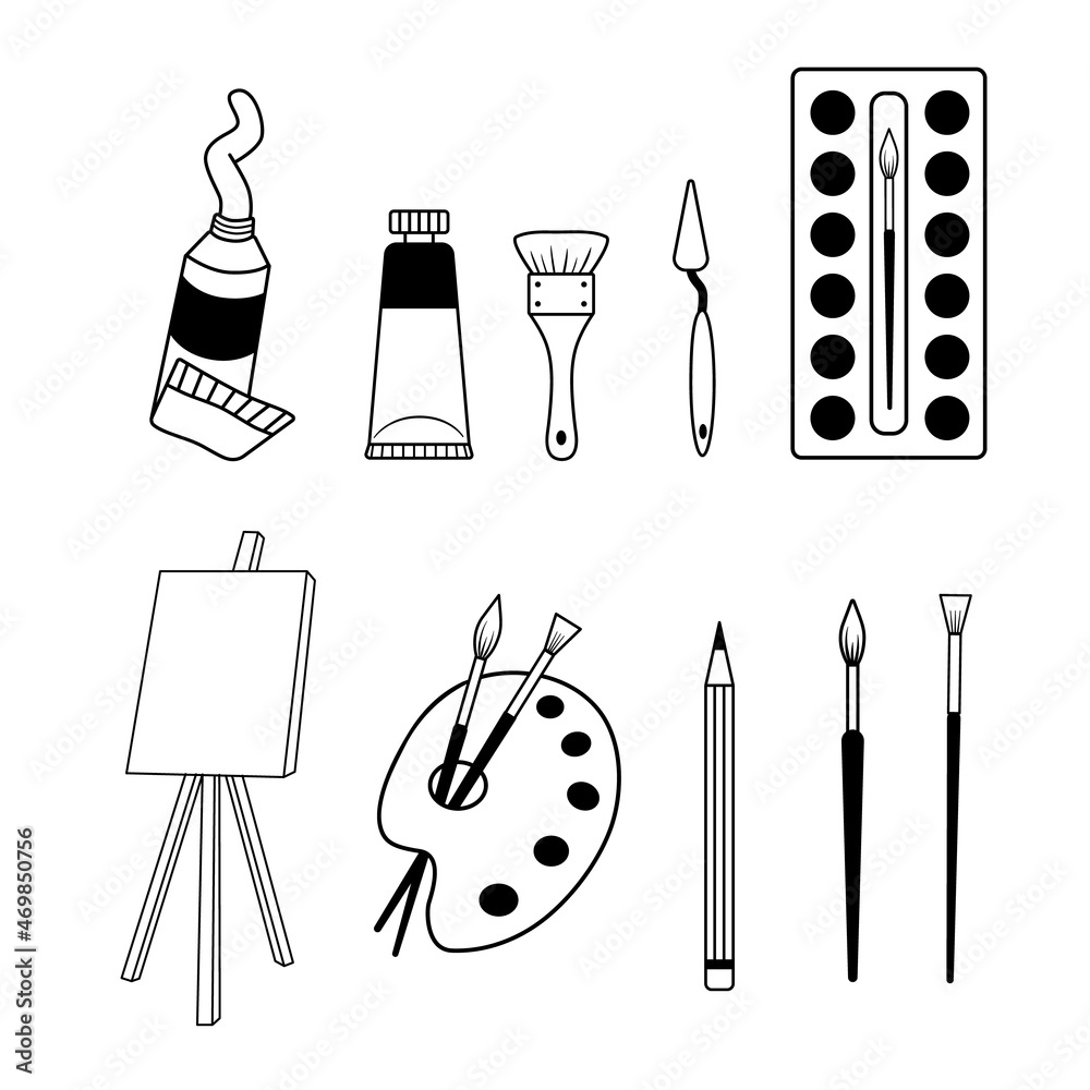 Collection of artist supplies. Set of different art tools paint brushe, easel, palette knife