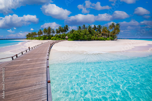Calm meditational ocean lagoon with blue sunny sky. Idyllic scenic, palm trees long wooden jetty into paradise island, luxury travel destination. Inspirational scenic view, Maldives freedom vacation © icemanphotos