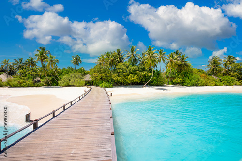 Calm meditational ocean lagoon with blue sunny sky. Idyllic scenic, palm trees long wooden jetty into paradise island, luxury travel destination. Inspirational scenic view, Maldives freedom vacation photo