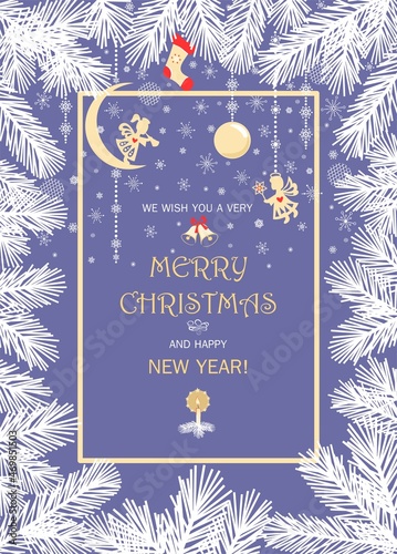 Christmas pastel blue vertical banner template for winter season holidays with snowy conifer branches and paper cutting hanging angels decoration. Xmas greeting card