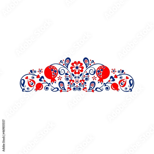 Floral ethnic book header with abstract pomegranate tree, fruit and flowers for page dividers and decoration and Nowruz celebration