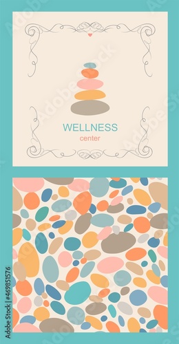 Template for logo design with color natural stones for wellness, spa salon, Thai massage and marine seamless wallpaper on sand color  background