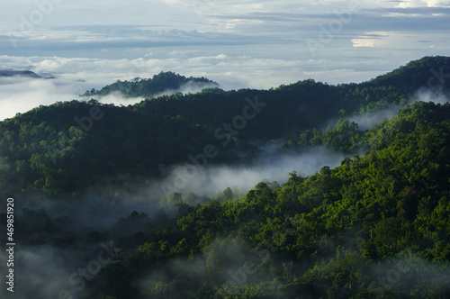 Aerial view beautiful sea of fog in the morning forest with green mountains. Pang Puay, Mae Moh, Lampang, Thailand.