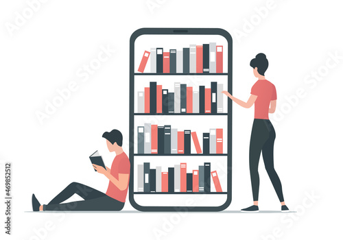 Reading books. Online book store. Colored flat vector illustration. Isolated on white background.