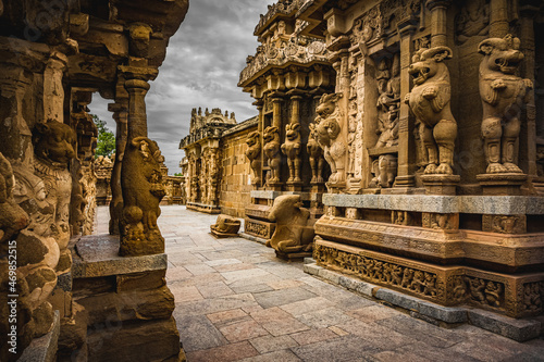 Beautiful Pallava architecture and exclusive sculptures at The Kanchipuram Kailasanathar temple, Oldest Hindu temple in Kanchipuram, Tamil Nadu - One of the best archeological sites in South India
