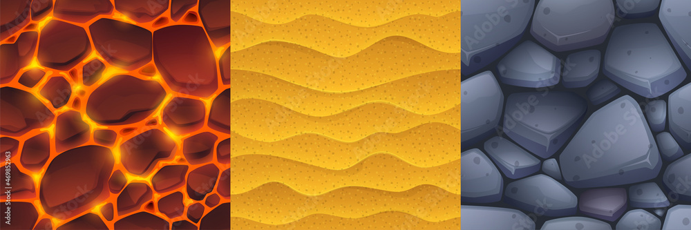 Textures of stone, sand and lava for game background. Vector cartoon seamless patterns of top view of floor with cobblestones, sandy ground and land with liquid magma