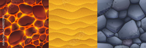 Textures of stone, sand and lava for game background. Vector cartoon seamless patterns of top view of floor with cobblestones, sandy ground and land with liquid magma