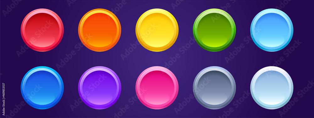 Colored round web buttons isolated on background. Vector set of empty bright circle tags, 3d badges for website, game or mobile app. Blank Internet push buttons