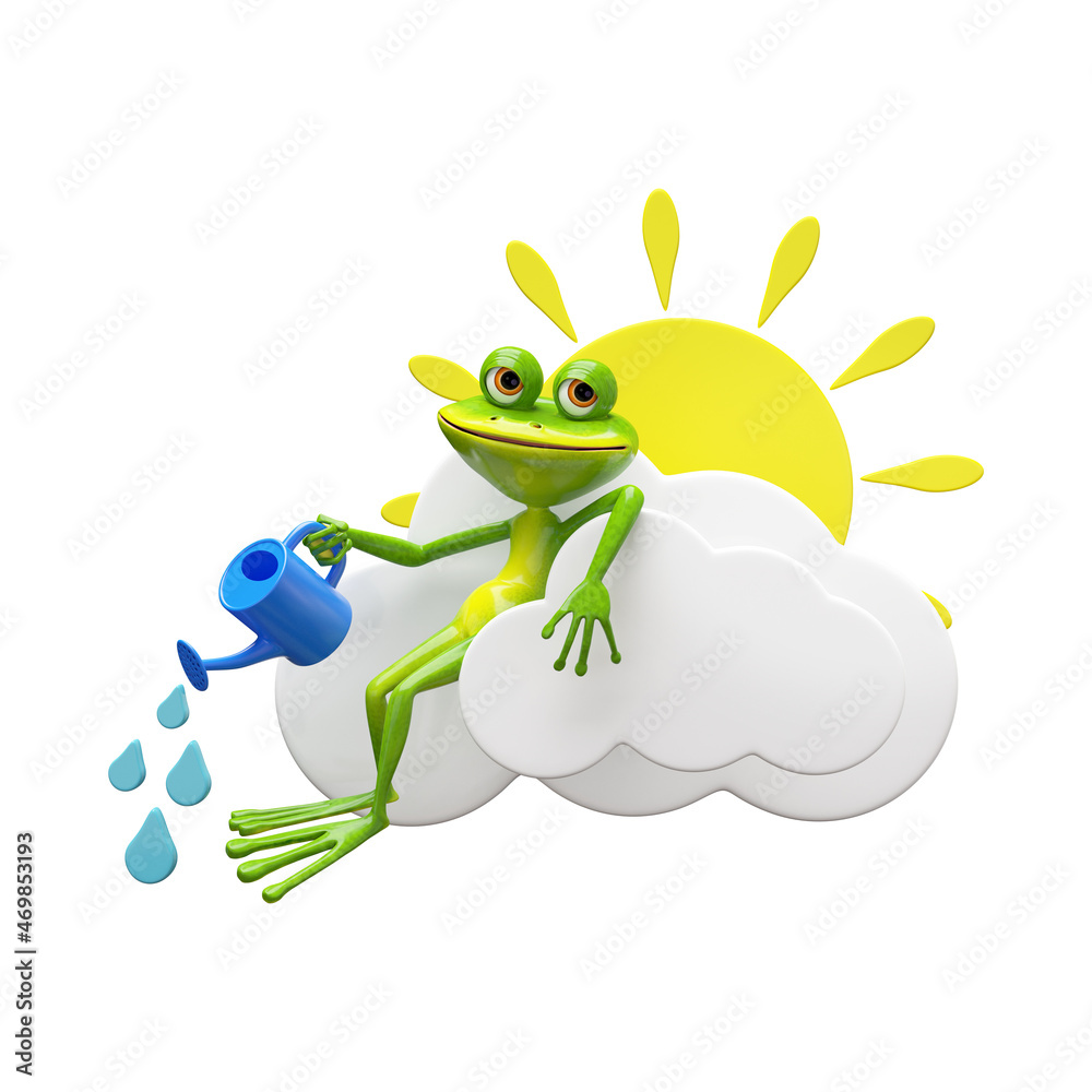 3D Illustration of a Frog on a Cloud with a Watering Can