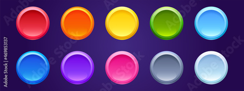 Colored round web buttons isolated on background. Vector set of empty bright circle tags, 3d badges for website, game or mobile app. Blank Internet push buttons