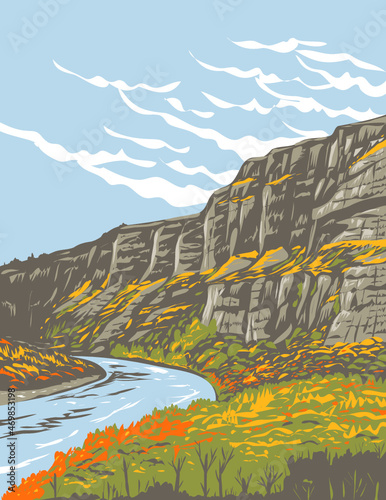 WPA poster art of Sluice Boxes State Park with the Little Belt Mountains in the Rockies located in Montana, United States of America USA done in works project administration style.
