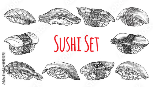 Wallpaper Mural Sushi Set. Hand drawn sushi with salmon, perch, tuna, shrimp, octopus, squid, scallop, omelette, eel, crab. Food vector illustration. Torontodigital.ca