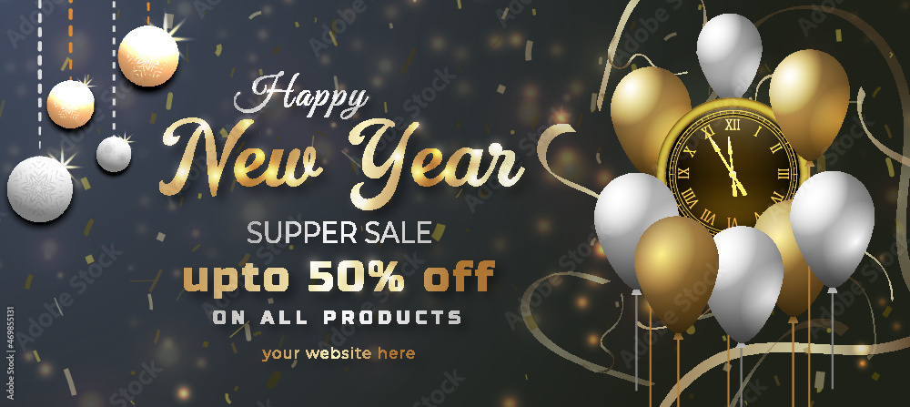 Gold decoration 3d Luxury New Year 2022 sale promotion banner template layout