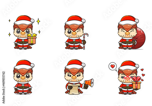 cute owl set, animal character bundles in santa costumes, animals wearing christmas costumes. cartoon in kawaii style