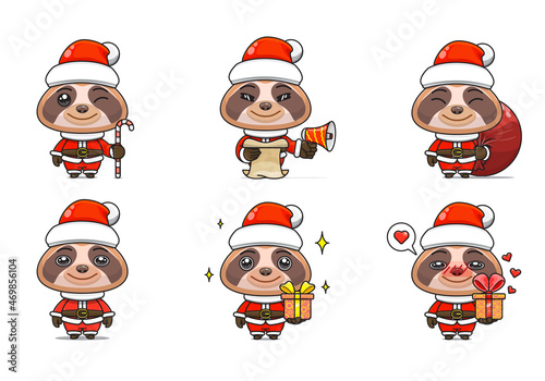 cute sloth set, animal character bundles in santa costumes, animals wearing christmas costumes. cartoon in kawaii style