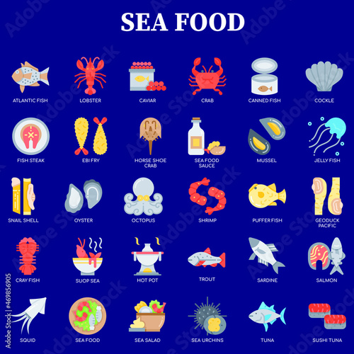 Seafood flat icon vector collection set on blue background
