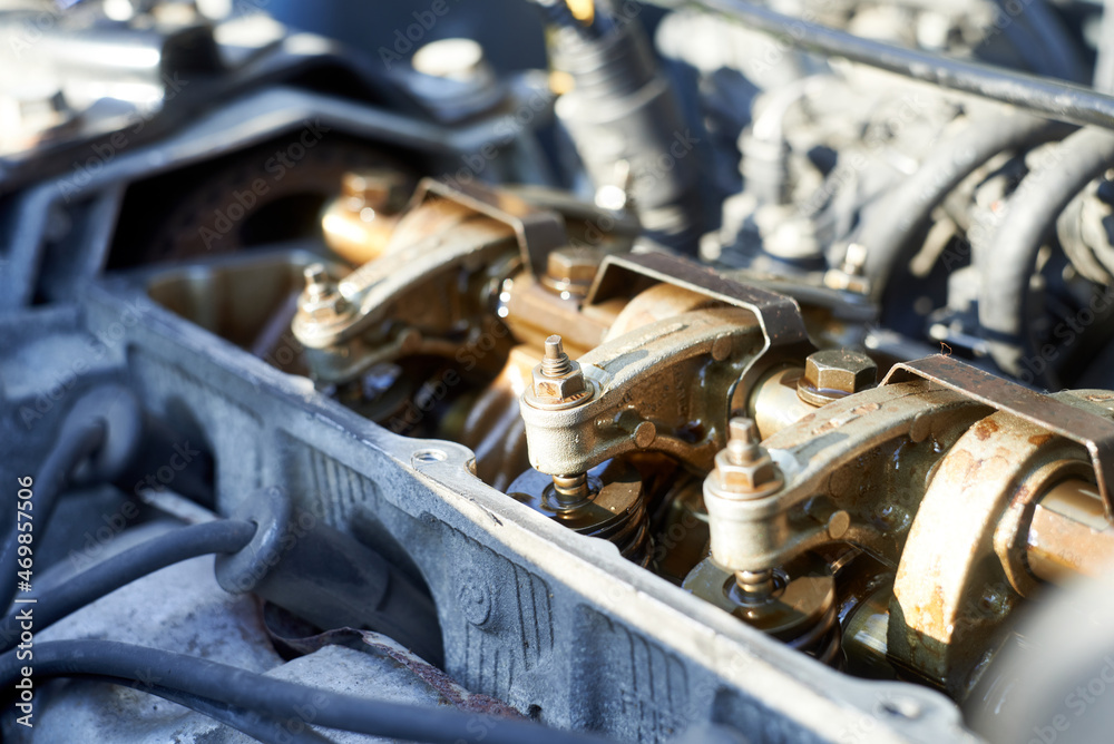 Fototapeta premium Automobile valve system of car engine maintenance and service