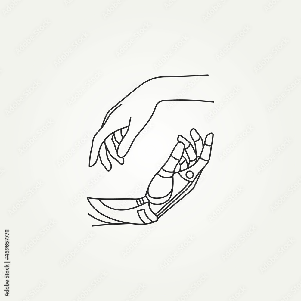 simple line art illustration of robotic and human hands. symbol of connection between people and artificial intelligence