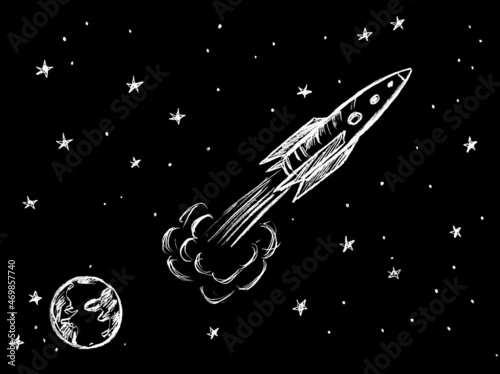 Fototapeta Naklejka Na Ścianę i Meble -  A rocket flying in space with a white color on a black background
