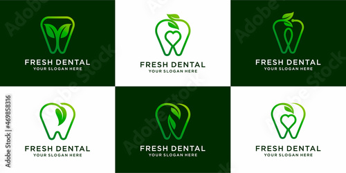 set of green Dental with leaf nature care logo design dental Premium Vector