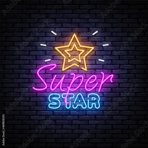 Pop art banner with super star neon on light background. Vector illustration design. Symbol, logo illustration. Super star neon on light background
