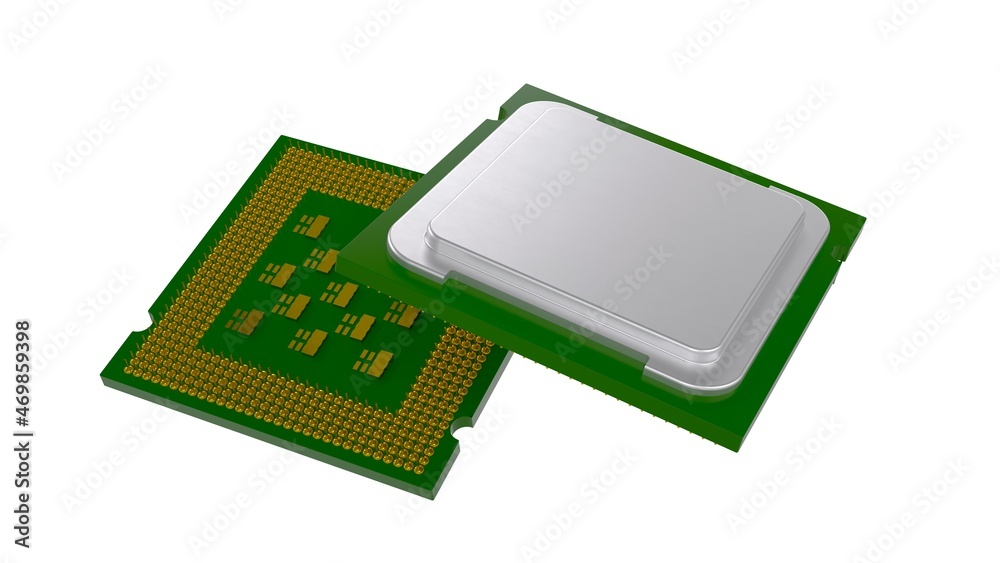 central processing unit CPU top side and bottom side view 3D computer generated image isolated on white background central processing unit CPU top side and bottom side view 3D computer generated image isolated on white background