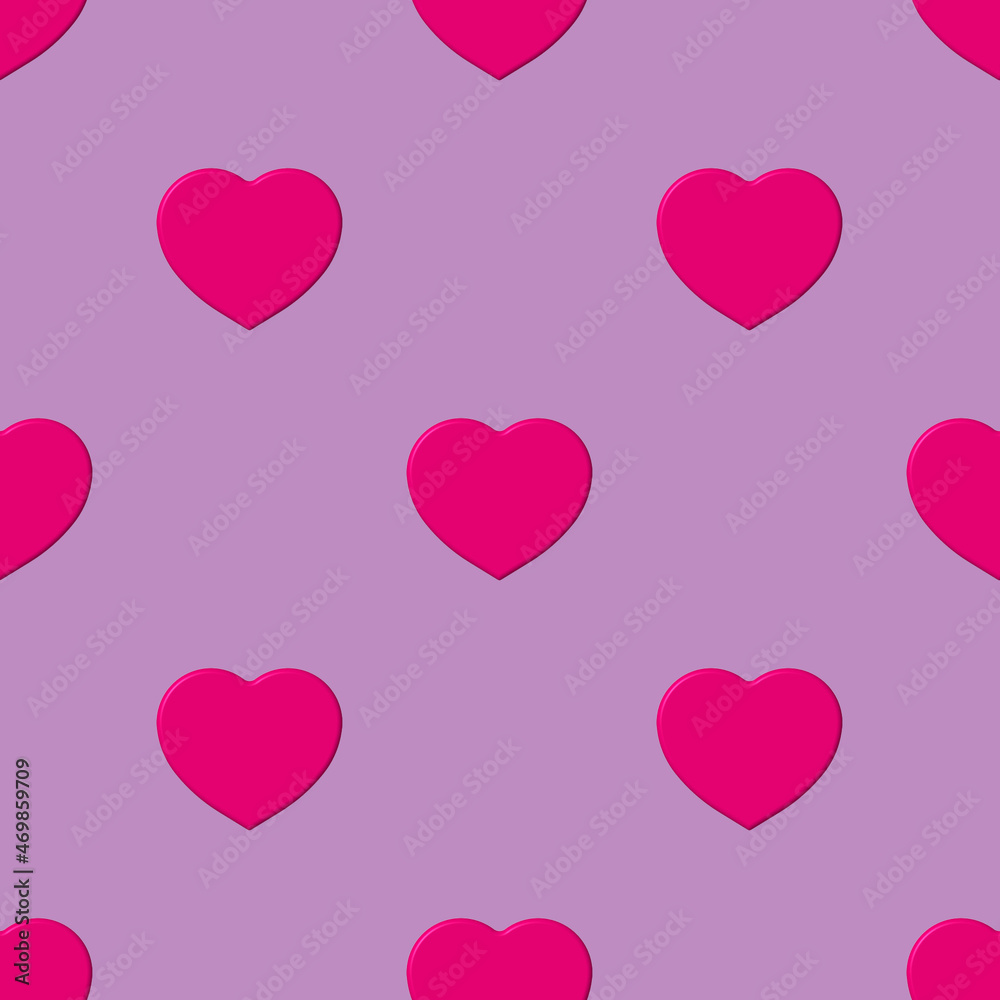 Seamless pattern. Pink heart on pastel purple purple backgrounds. symbol of love. Template for application to surface. 3d image. 3d rendering
