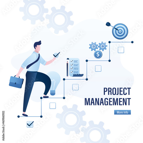 Project management, concept banner. Confident businessman climbs the stairs towards goal. Male employee at first step of ladder, stages of successful business project.