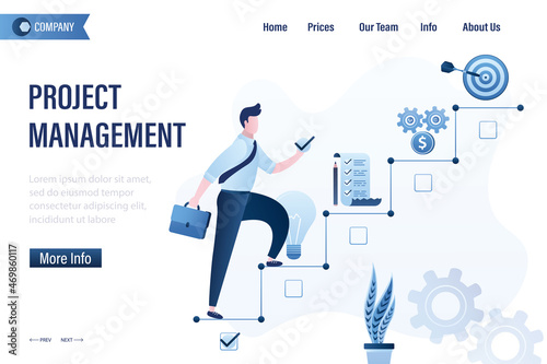 Project management, landing page template. Confident businessman climbs stairs towards goal. Male employee at first step of ladder, stages of successful business project.