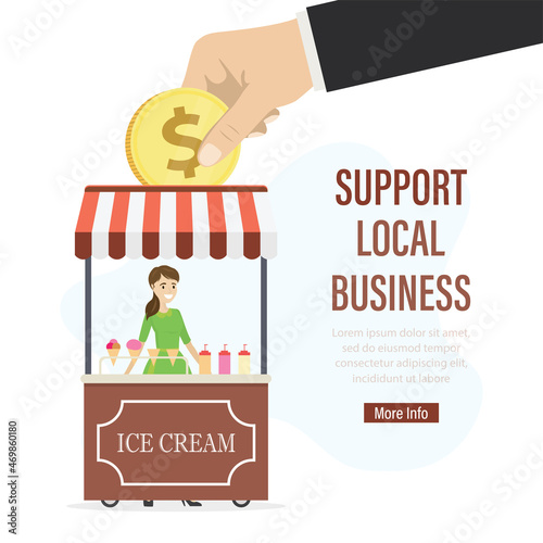 Support local business. Shop on wheels. Ice cream kiosk, happy woman seller. Sponsor give golden dollar coin. Crowdfunding, tax cuts, concessional lending for small business. photo