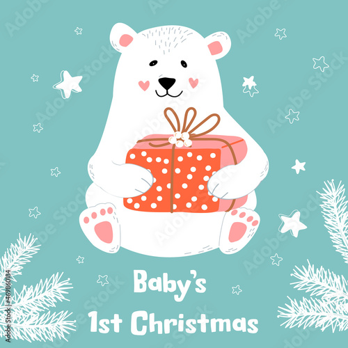 Cute polar bear with a present. Vector Nursery postcard.  Childish print. Card with text Baby first Christmas