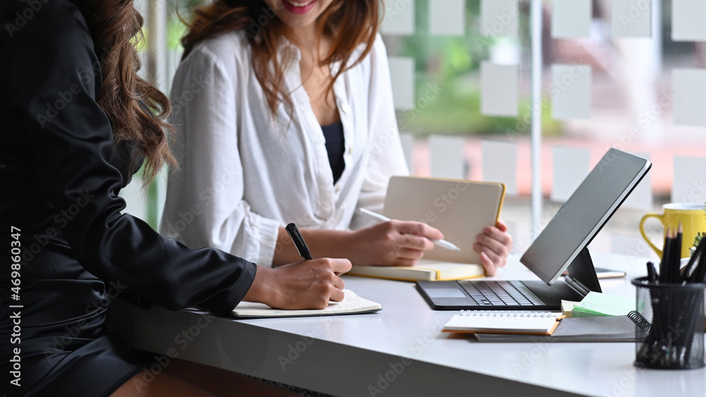 Businesswoman discussing business plan with her colleague. Businesswoman discussing business plan with her colleague.
